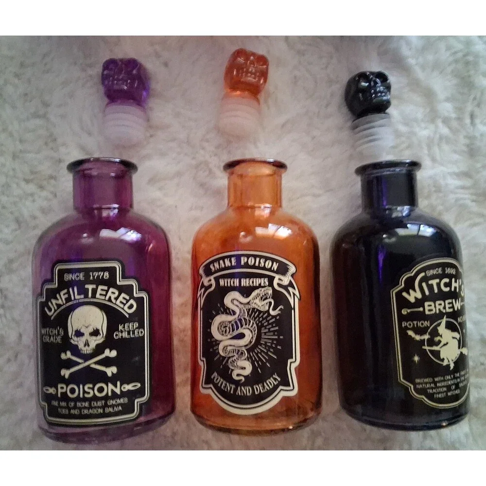 Set of 3 Halloween Witch Potion Bottles - Unfiltered Poison, Snake Poison, Witch